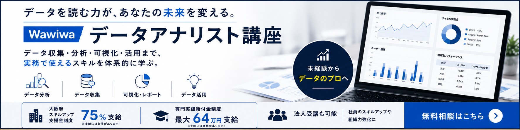Wawiwa データアナリスト講座｜データ収集・分析・可視化・活用まで、実務で使えるスキルを体系的に学ぶ。無料相談はこちら